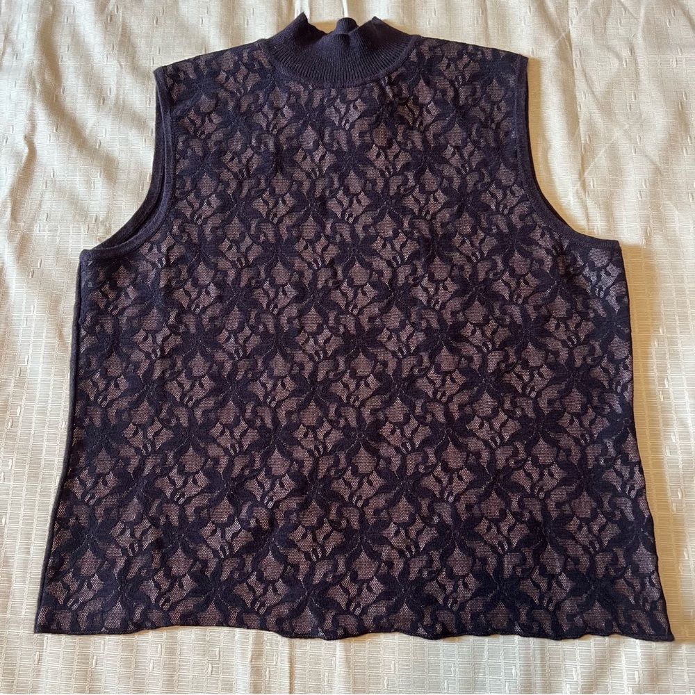 Women’s Vintage Purple Mock neck Sleeveless Lace Front Overlay Top Stretch Sz L
